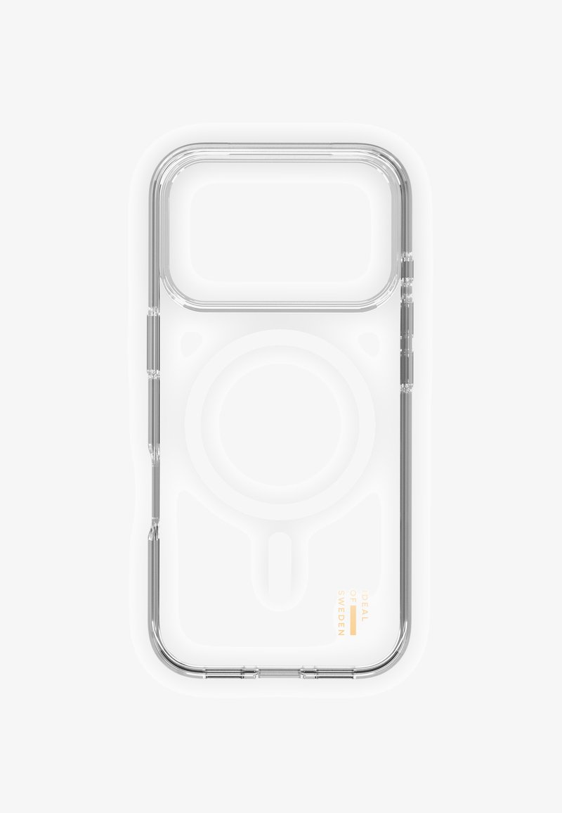 Klarer Handyhülle mit stoßdämpfendem Design, abgerundeten Kanten, zentralem magnetischem Lade-Kreis und dezenter goldener Markenkennzeichnung am unteren Rand.