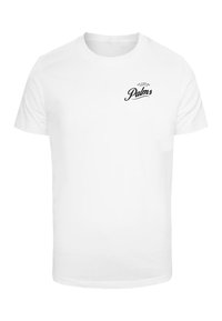 White short-sleeve t-shirt made of cotton, featuring a black script logo with the word "Palms" on the left chest area.