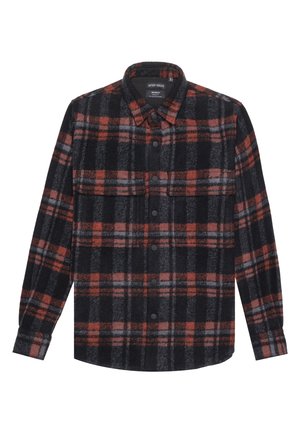 Schwarz-rot kariertes Hemd mit langen Ärmeln, Knopfleiste, Kragen und zwei Brusttaschen, aus weichem Stoff gefertigt.