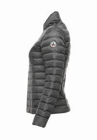 Doudoune en gris foncé, avec des sections matelassées, col haut et patch rond de marque sur l'épaule gauche. Dispose de poches zippées sur les côtés.