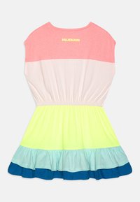 Kolorowa sukienka z okrągłym dekoltem, krótkimi rękawami i rozkloszowaną spódnicą. Posiada poziome paski w kolorze różowym, białym, żółtym i niebieskim.