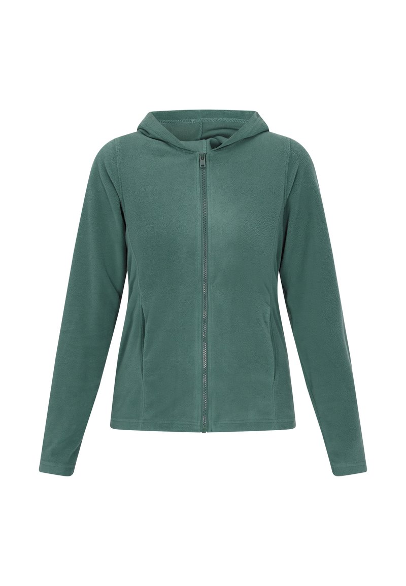 Zielona bluza z polaru z pełnym zamkiem, z długimi rękawami, kapturem ze sznurkiem i gładką teksturą. Brak widocznych wzorów lub elementów metalowych.