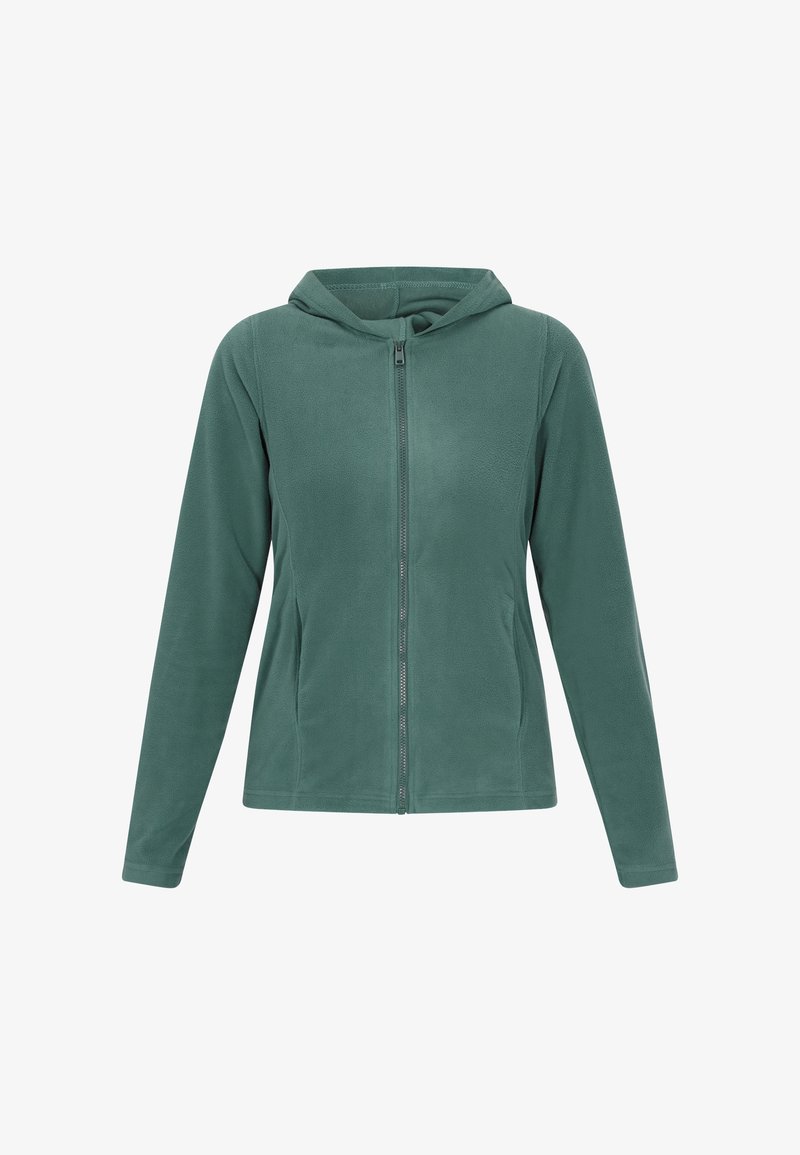 Zielona bluza z polaru z pełnym zamkiem, z długimi rękawami, kapturem ze sznurkiem i gładką teksturą. Brak widocznych wzorów lub elementów metalowych.