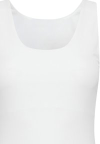 Débardeur blanc sans manches avec un col rond et une texture de tissu lisse et unie.