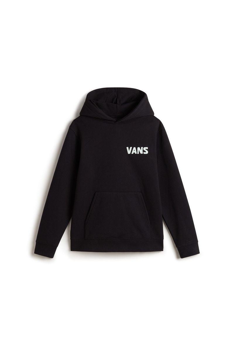 Sudadera con capucha negra y bolsillo frontal, que presenta el logotipo blanco "VANS" en el lado izquierdo del pecho. Fabricada con material suave y con puños acanalados.