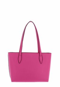 Sac fourre-tout synthétique rose avec deux poignées supérieures, forme plate, texture lisse et bordure noire contrastante le long des bords. Design minimaliste.