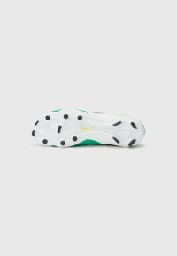 Football cleat with a white sole, green accents, and a subtle yellow logo. Features multiple studs for traction. Smooth material texture.