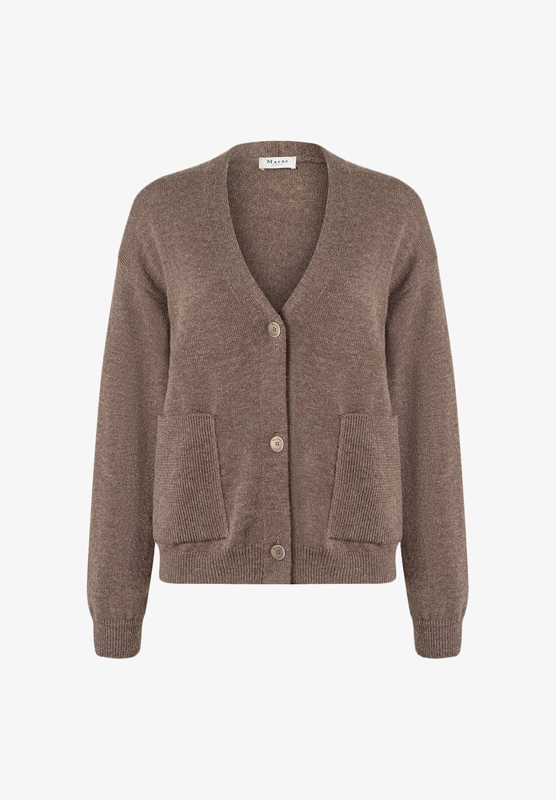 Brown knitted cardigan with a V-neck, front button closure, and two patch pockets. Ribbed cuffs and hem add texture to the design.