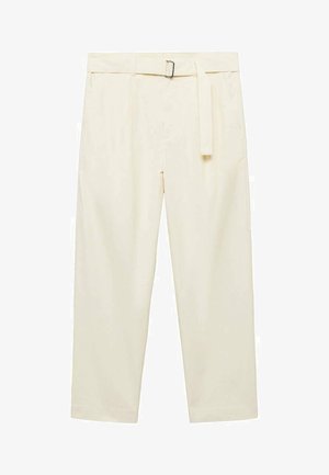 Crème-kleurige broeken met een tailleband, taps toelopende pijpen en zijzakken. Gemaakt van een gladde stof met een schoon, minimalistisch design.