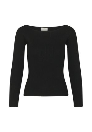 Pull noir côtelé à manches longues et coupe ajustée avec un large col rond, présenté sur un fond blanc.