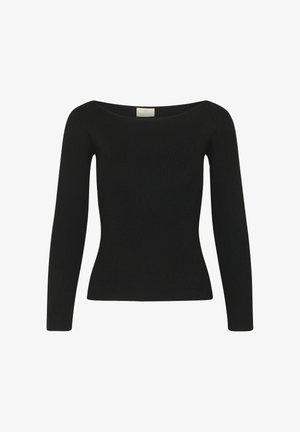 Črn rebrast oprijet pulover z dolgimi rokavi in širokim okroglim izrezom, prikazan na belem ozadju.