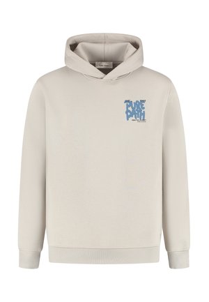 lichtbeige hoodie met kleine blauwe grafische tekst "Pure Path" op de linkerborst en ribgebreide manchetten en zoom.