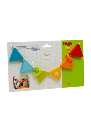 Bunte Holzkette mit blauen, grünen, orangefarbenen, gelben und roten dreieckigen Formen mit verschiedenen Texturen und einem Sternmuster.