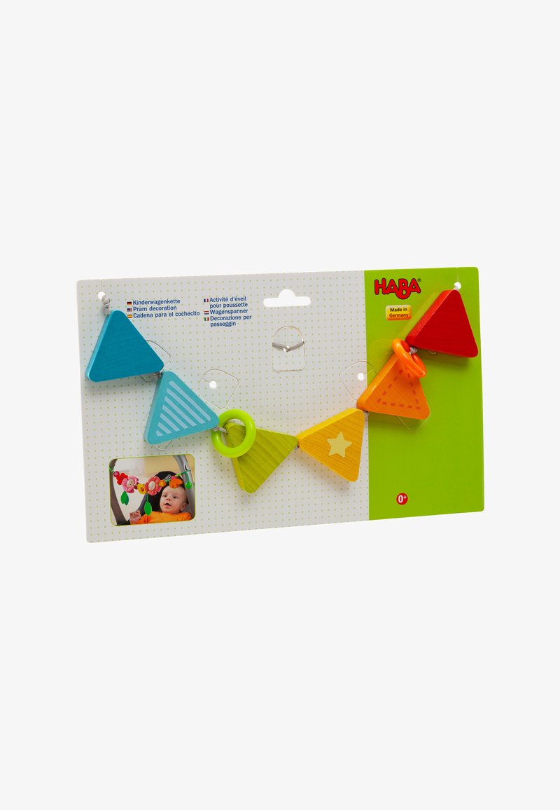 Colorful wooden toy chain featuring blue, green, orange, yellow, and red triangular shapes with assorted textures and a star pattern.
