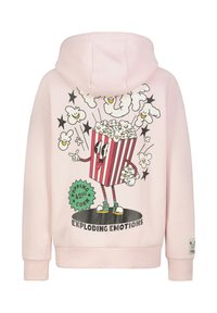 Roze hoodie met een speelse popcornkarakter in een gestreepte container, lachende wolken en zwarte sterren; grafische tekst luidt "Exploderende Emoties."