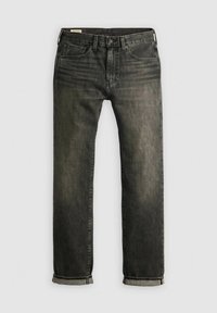 Zwarte denim jeans met een rechtbenig ontwerp, vijf zakken en een opgerolde rand. De stof heeft een gestructureerd uiterlijk met een vervaagde afwerking.
