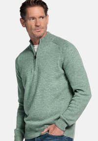 Groene, gestructureerde breisweater met een ritssluiting bij de hals, geribbelde kraag en manchetten. Heeft een klassieke snit en een casual stijl.