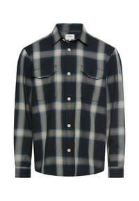 Koszula w kratę na guziki w kolorach granatowym, kremowym i niebieskim. Posiada dwie kieszenie na piersiach, kołnierzyk rozłożysty oraz długie rękawy z mankietami na guziki.