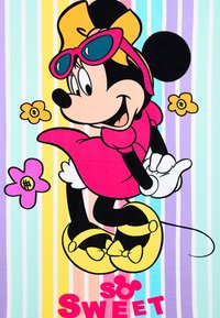 Minnie Mouse in a pink dress and yellow shoes, wearing sunglasses and a yellow bow, surrounded by flowers on a striped background. Text: "SO SWEET."