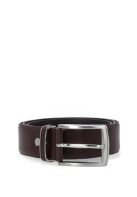 Bruine leren riem met een stijlvolle zilveren metalen gesp. Heeft een gladde afwerking en subtiele logodetail op de gesp.