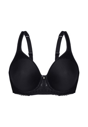 Schwarzer BH mit vorgeformten Cups, Spitzenakzenten entlang der oberen Kante, verstellbaren Trägern und einem dekorativen Zentrumverschluss. Insgesamt glatte Textur.