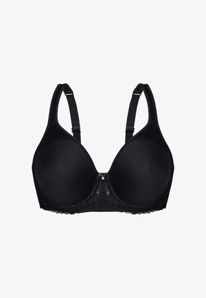 Schwarzer BH mit vorgeformten Cups, Spitzenakzenten entlang der oberen Kante, verstellbaren Trägern und einem dekorativen Zentrumverschluss. Insgesamt glatte Textur.