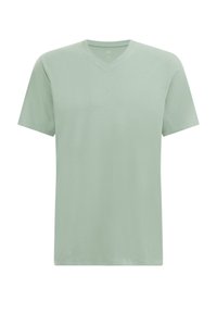 T-shirt en coton vert clair avec un col en V, des manches courtes et une texture lisse. Design minimaliste sans motifs ni accents.
