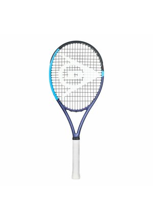 Racchetta da tennis con telaio blu e nero, impugnatura bianca e corde nere con un logo triangolare bianco al centro.