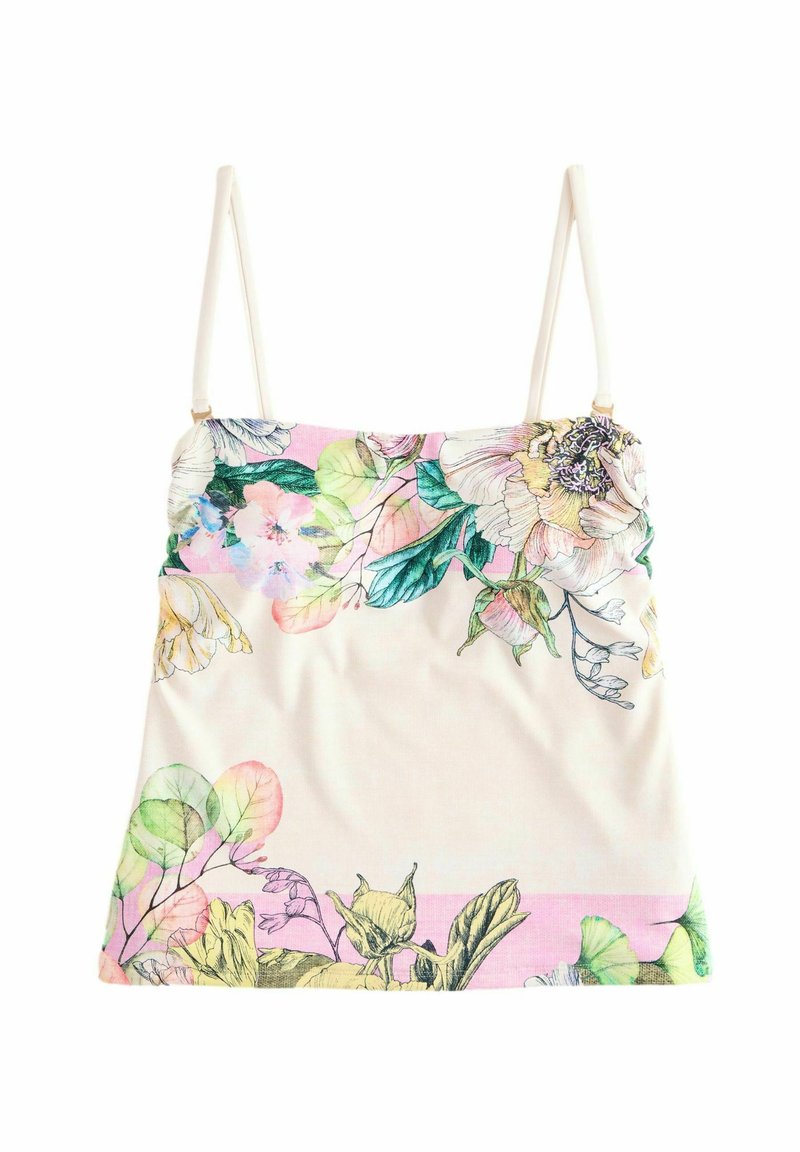 Blommig topp med justerbara spaghettiband, med en ljusbeige botten och livfulla, flerfärgade blommönster i rosa och grönt.