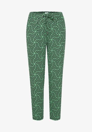 Grüne gemusterte Hose mit einem geometrischen Design in Schwarz, verstellbarem Bund mit Kordelzug und schmal zulaufendem Bein. Glatte Stofftextur.