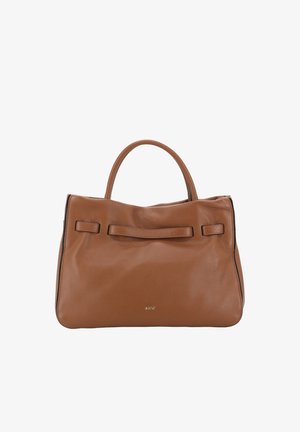 Brown leather handbag with a smooth texture, structured shape, dual short handles, and front flap detailing. Gold logo featured at the bottom.