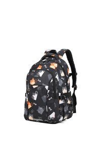 Sac à dos noir avec un imprimé de chat ludique aux accents orange et blanc. Fabriqué en tissu durable, il possède des bretelles rembourrées et plusieurs compartiments.