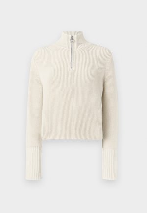 Light cream, ribbed knit sweater with a high collar and short zip, featuring long sleeves with ribbed cuffs and a cropped hem.