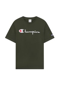 T-shirt verde oliva in cotone con maniche corte, scollo rotondo e logo ricamato bianco "Champion" con accento rosso sul davanti.
