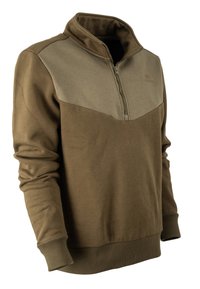Brauner Fleece-Pullover mit hohem Kragen, ausgestattet mit einem halben Reißverschluss an der Front und einem kontrastierenden, helleren braunen Einsatz über der Brust. Rippbündchen an den Ärmeln und am Saum.