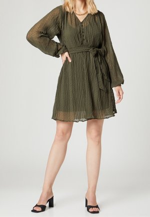 Woman wearing a knee-length olive green dress with long sheer sleeves, buttoned front, tied waist, and black open-toe heels.