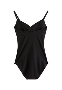 Costume intero nero con spalline regolabili, scollo a V e costruzione senza cuciture. Realizzato in un materiale liscio e elasticizzato.