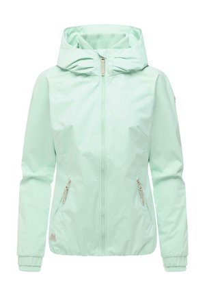 Lys mintgrønn hettejakke for kvinner med frontglidelås, to glidelåslommer på sidene og elastiske mansjetter.