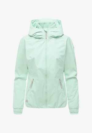 Licht muntgroene dameshoodie met ritssluiting aan de voorkant, twee met rits afsluitbare zijzakken en elastische manchetten.