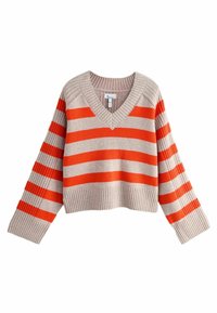 Beige V-hals cropped sweater med orange vandrette striber og ribbede detaljer på ærmerne og kanten. Blød tekstur, afslappet pasform.