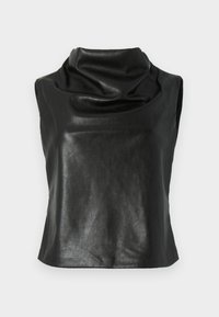 Top senza maniche nero in pelle lucida, con scollatura drappeggiata e texture liscia. Silhouette semplice e aderente senza accenti visibili.
