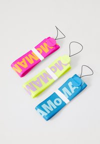 Three colorful fabric straps in pink, yellow, and blue, featuring bold text. Each strap is secured with a white band and has a loop for attachment.