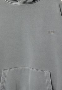 Felpa grigia realizzata in un morbido misto cotone; presenta una tasca frontale, un cappuccio con cordino e un logo ricamato sul petto.