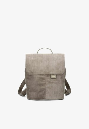 Zaino in velluto a coste color marrone chiaro con chiusura a patta e piccolo logo. Presenta spallacci regolabili e una maniglia superiore per un facile trasporto.