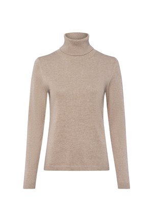 Beżowy sweter z golfem, długie rękawy, prążkowana tekstura, dopasowany krój, miękki materiał, bezszwowy dekolt, minimalistyczny styl bez zdobień.
