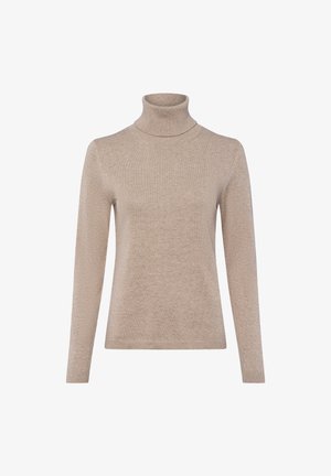 Maglione beige a dolcevita, maniche lunghe, texture a costine, design aderente, tessuto morbido, collo senza cuciture, stile minimalista senza decorazioni.