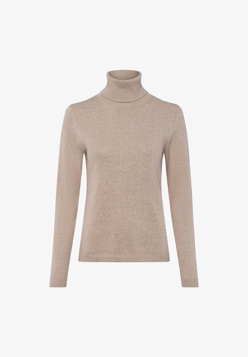 Beżowy sweter z golfem, długie rękawy, prążkowana tekstura, dopasowany krój, miękki materiał, bezszwowy dekolt, minimalistyczny styl bez zdobień.