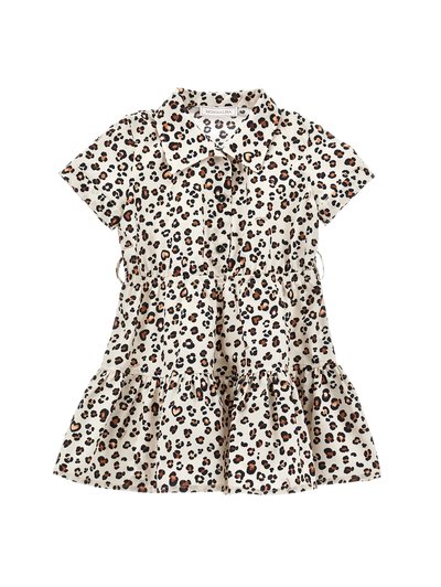 Leopard print dress with short sleeves, collared neck, and tiered ruffle hem. Made of lightweight fabric in cream, black, and brown tones.