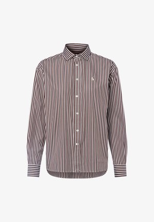 Camicia a maniche lunghe a righe verticali marroni e bianche con colletto e piccolo logo ricamato sul lato sinistro del petto.