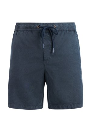 Plavkové šortky námorníckej modrej farby s elastickým pásom a námorníckym šnúrkovým zaväzovaním, detailom predného švu, dĺžkou po kolená.